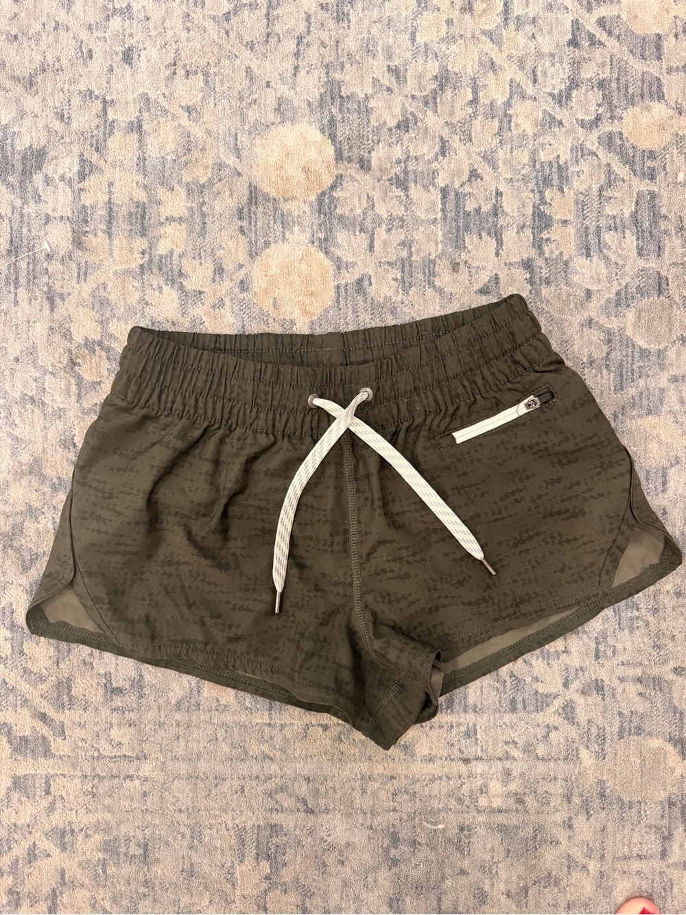 Vuori Olive Green Athletic Shorts with White Drawstring